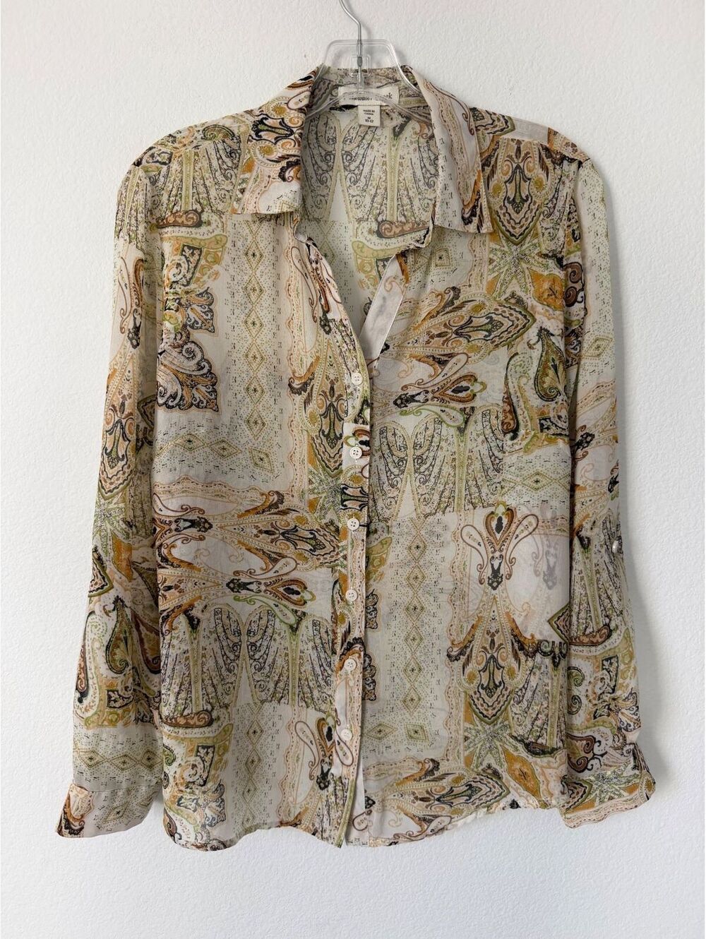 Coldwater Creek Long Sleeve Button Up Paisley Boho Sheer Shirt Women's Size M